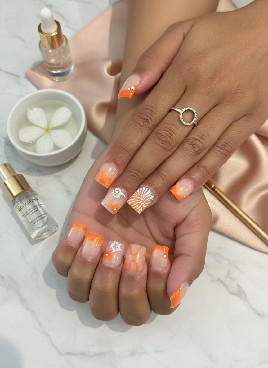 Manucure orange et nude